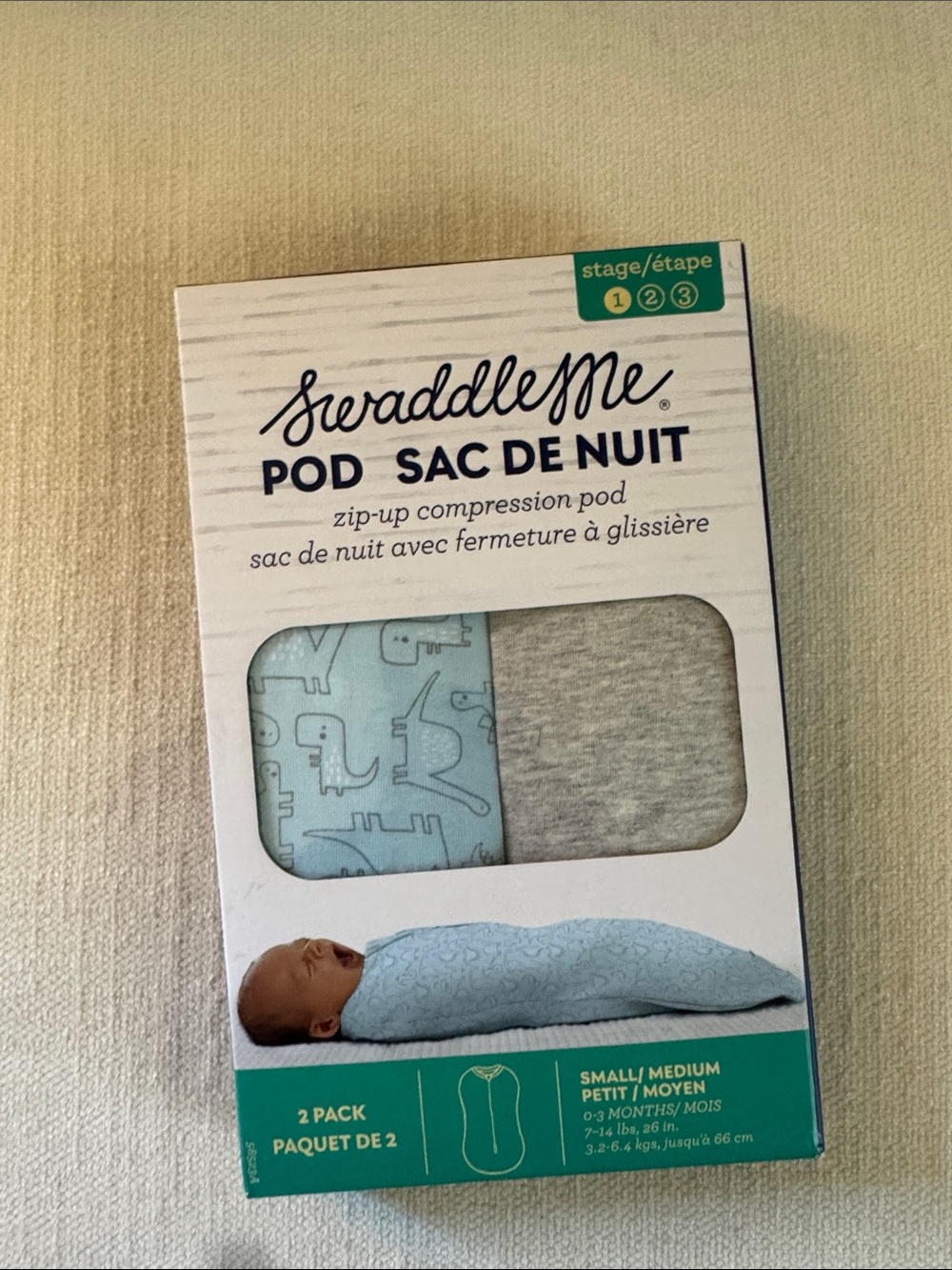 SwaddleMe 2-Pack Zip-Up Pod Set in Light Blue Dinosaur Print and Heather Gray